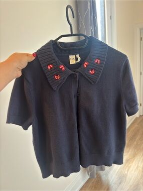 twik Navy Short-Sleeve Button Cardigan with Red Embroidered Accents